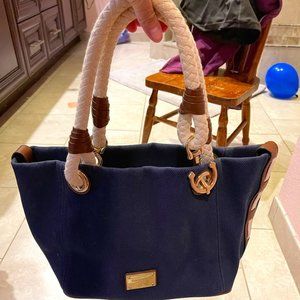 Michael Kors Blue Nautical Canvas Tote Bag with Brown Leather and Gold Hardware